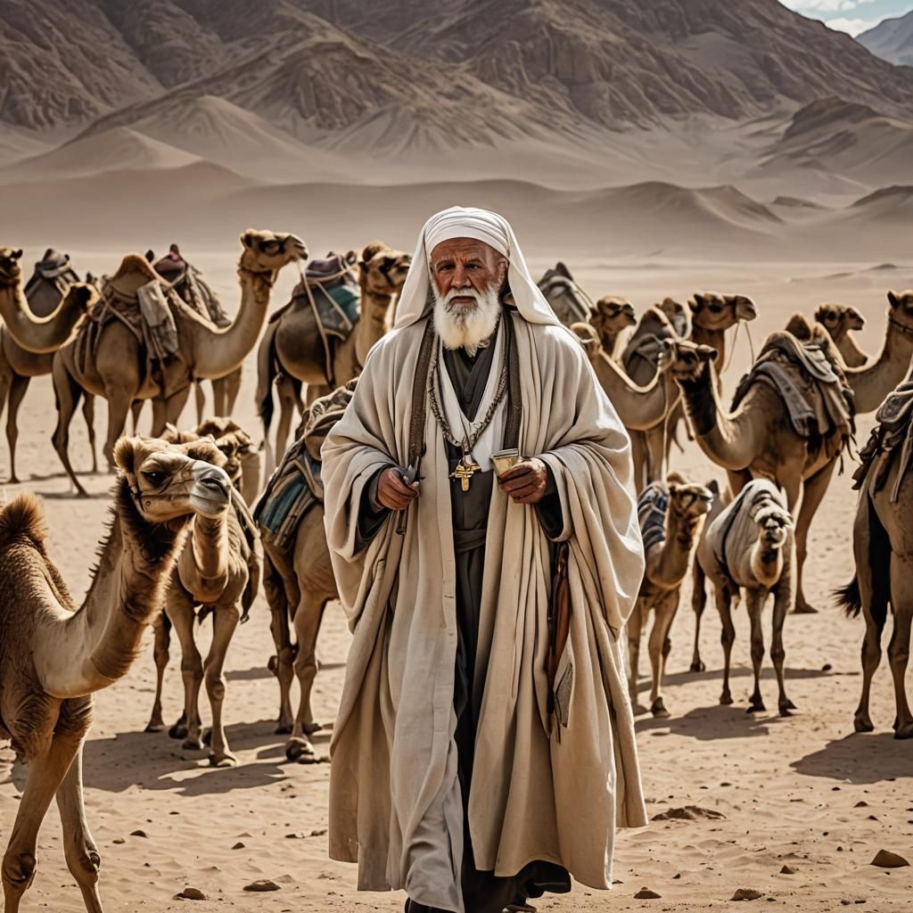 Biblical Patriarch in Desert Landscape with Entourage