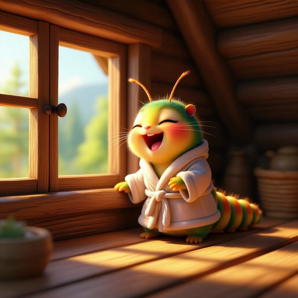 Cartoon Caterpillar Awakens in Rustic Cabin