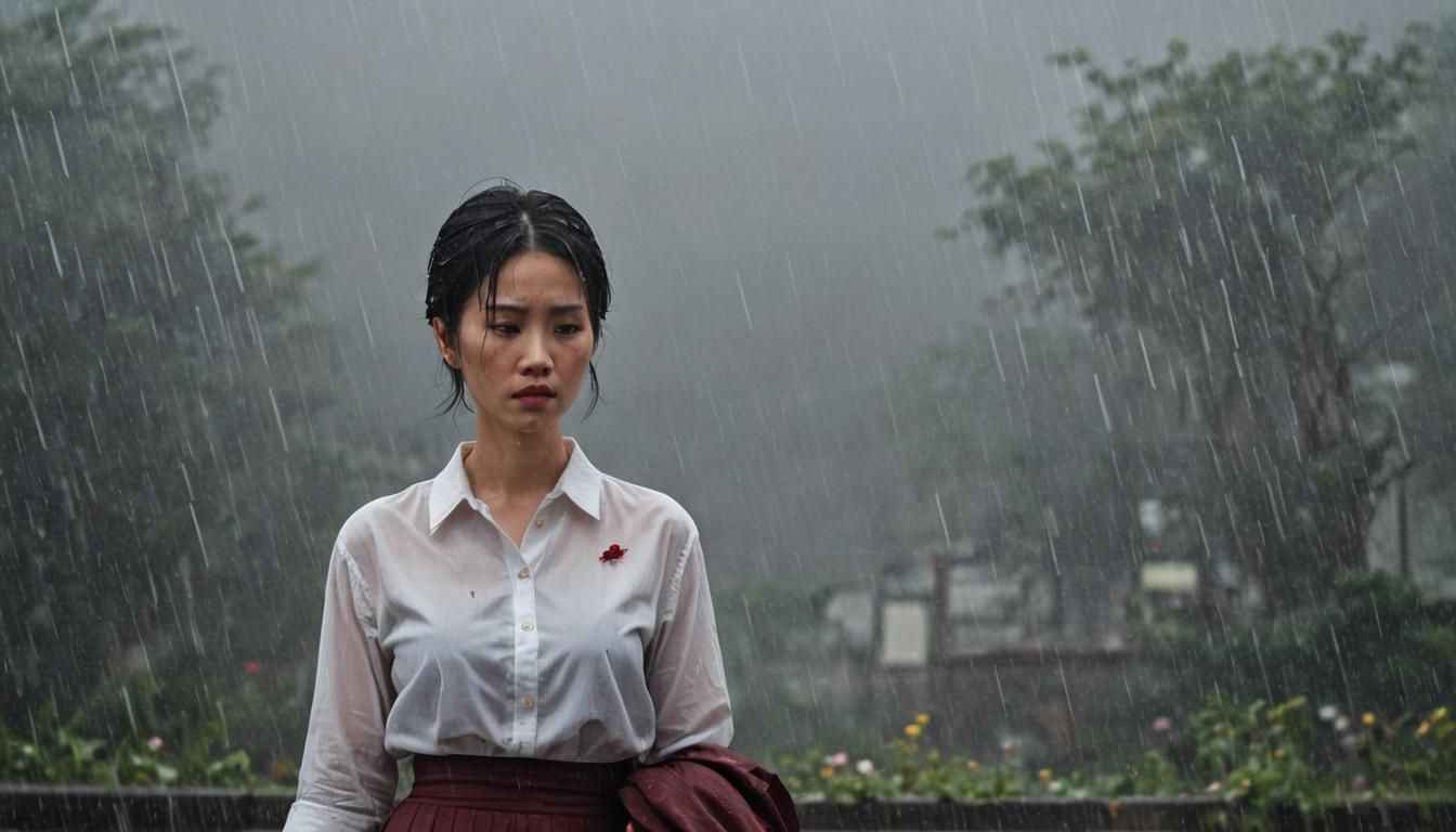 Sad Asian Woman in Rain, Cross Hatching Drawing