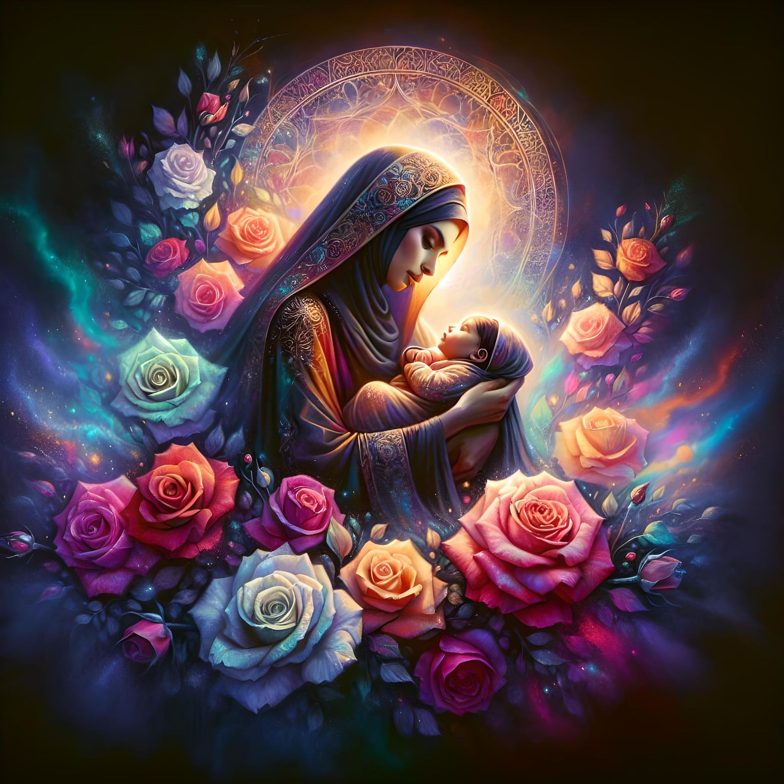 Ethereal Mother and Child Surrounded by Magical Roses