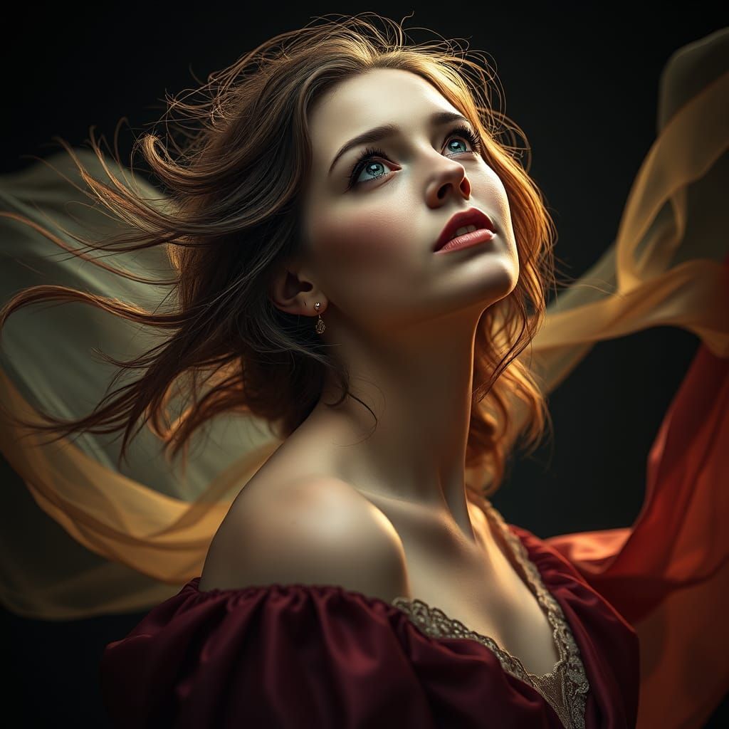 Windswept Woman in Wine-Colored Satin, Dark Fantasy