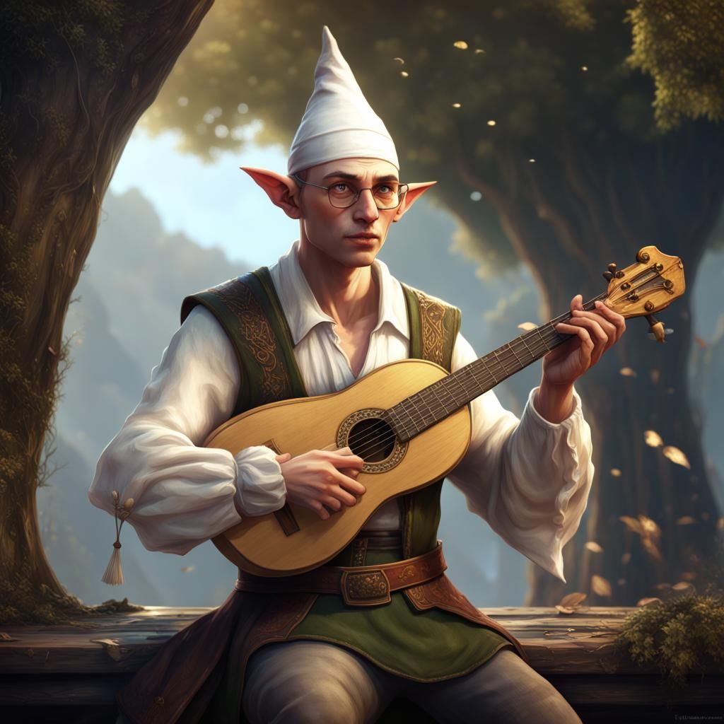 Bald Elf Bard with Lute: Detailed Fantasy Art