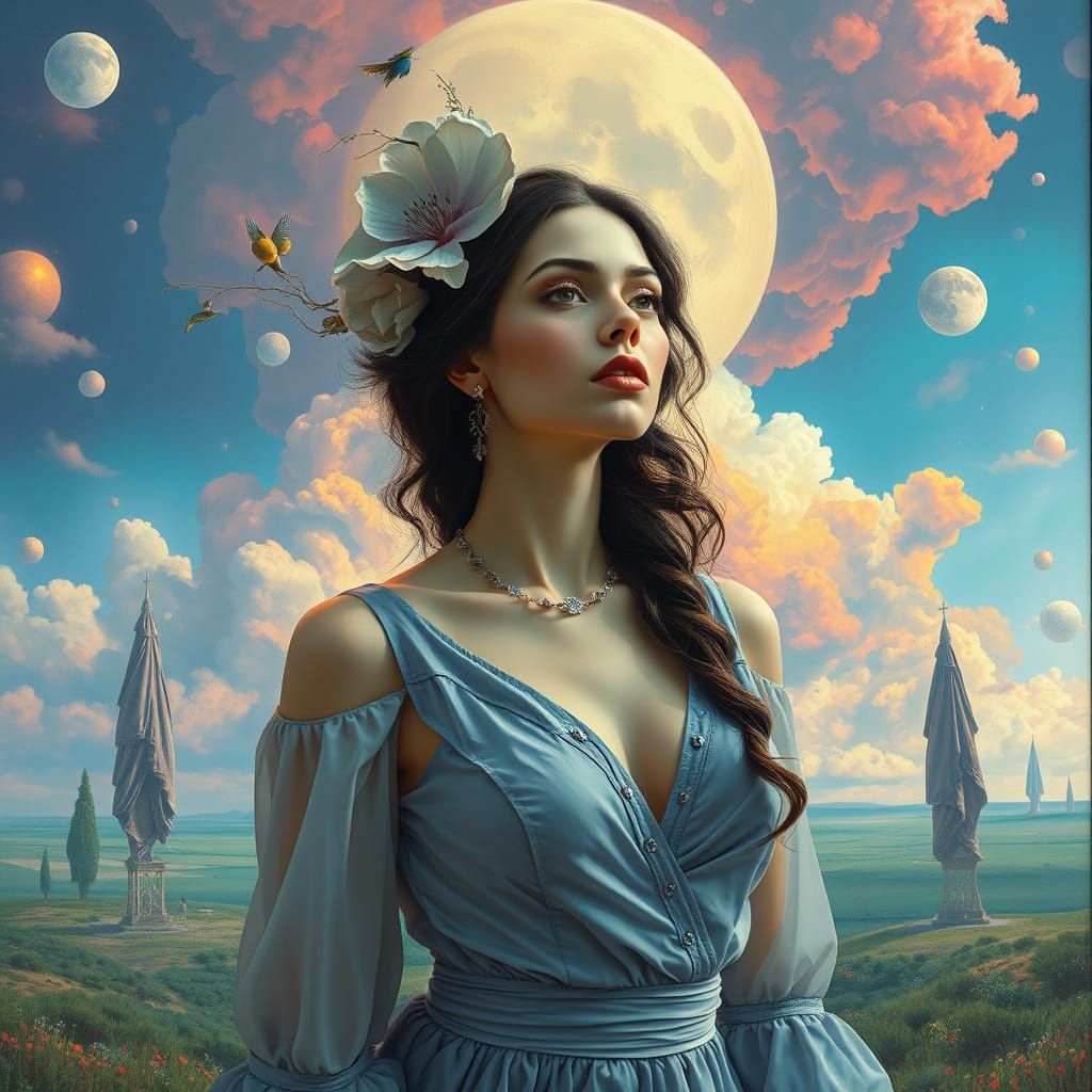 Surreal Lady in Dreamlike Landscape with Paradoxical Realism