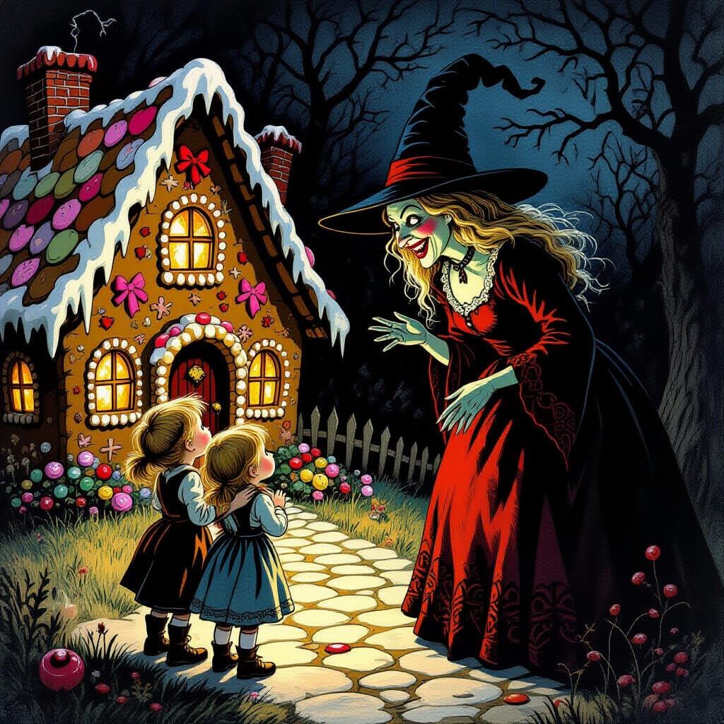Hansel and Gretel Confront Witch in Gingerbread House