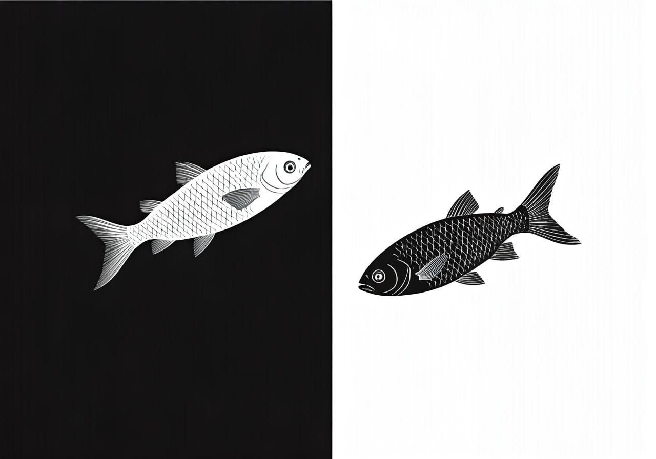 Mirrored Fish Swim in Escher-Inspired Dichotomy