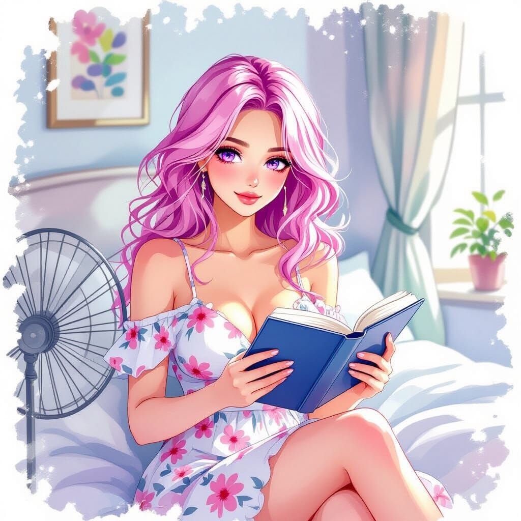 Watercolor of Pink-Haired Woman Reading a Book