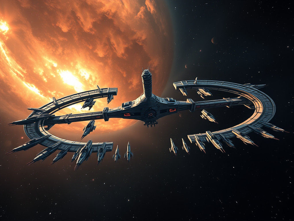 Spectacular Spaceships Docked at Ringed Space Station