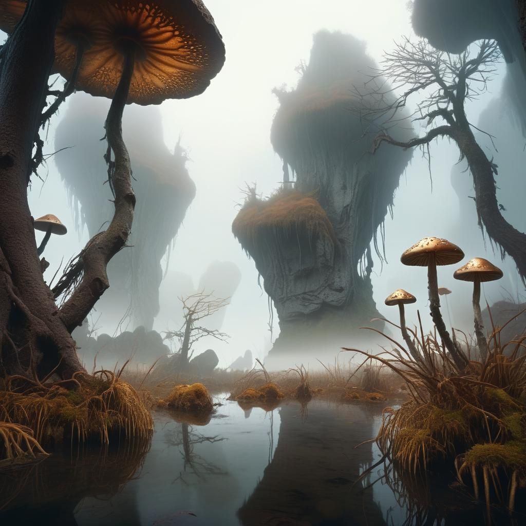 Ethereal Fantasy Landscape: Towering Rock Formations in Mist...