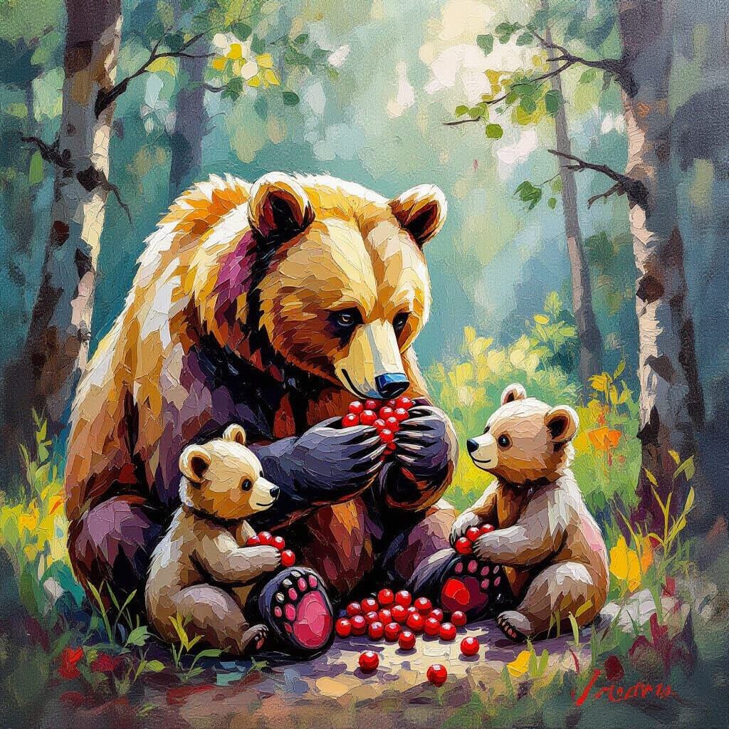 Bear Family Eating Berries in Summer Woods