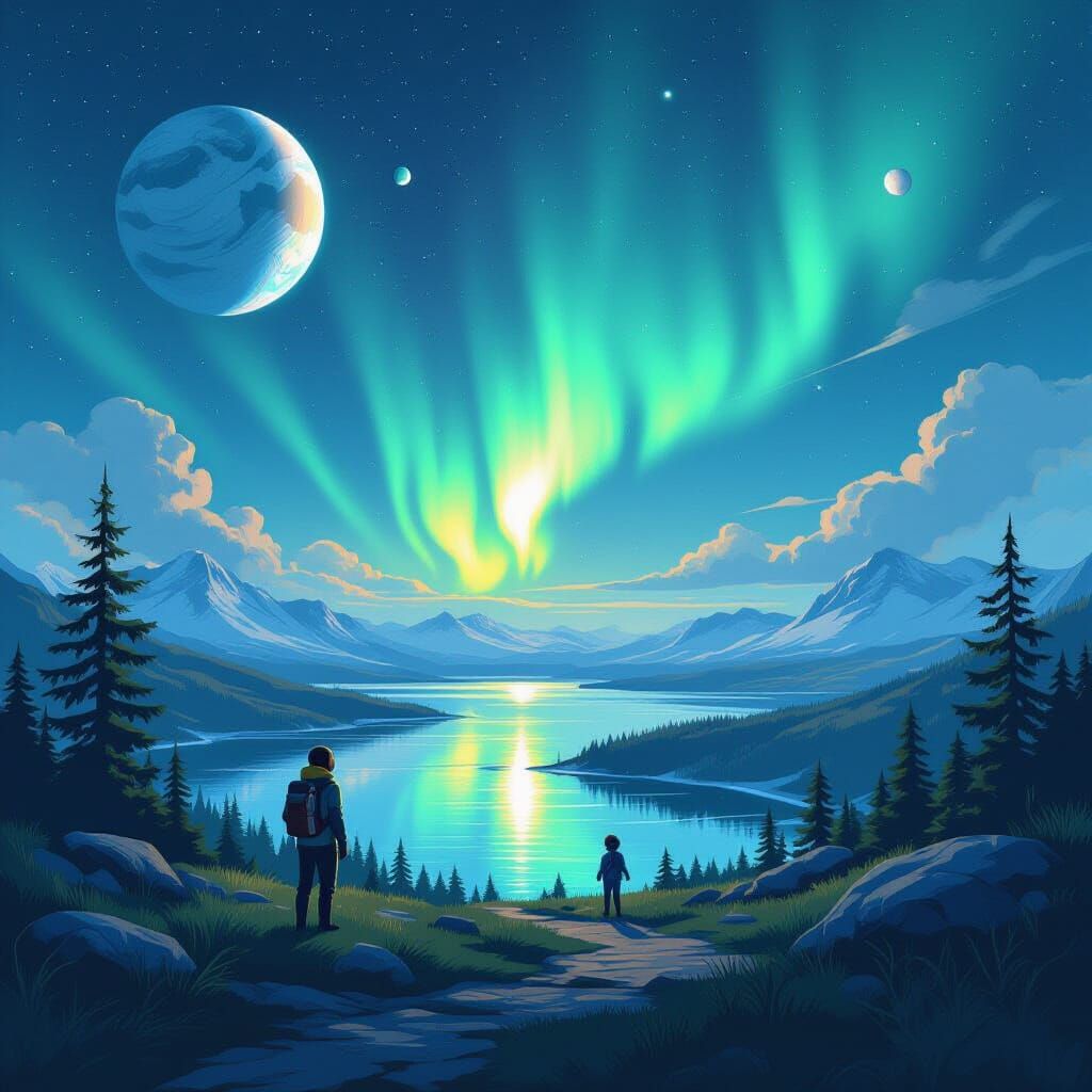 Cartoon Alien Landscape with Aurora and Planets