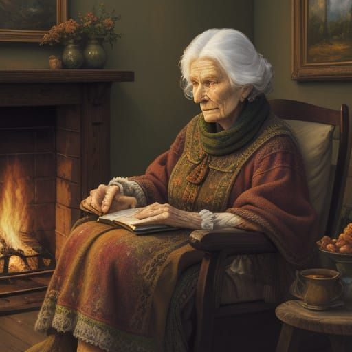 Elderly Witch Relaxing by Fire with Cat, Impressionist Style