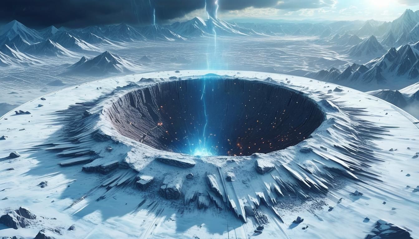 Ice Realm City in Snowstorm With Meteor Crater