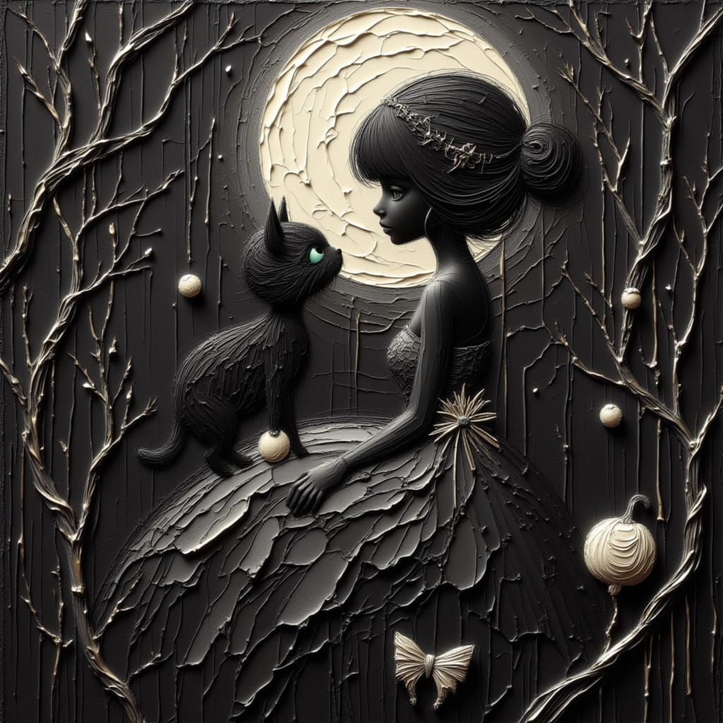 Moonfairy and Black Cat in Ethereal Harvest Moon Light