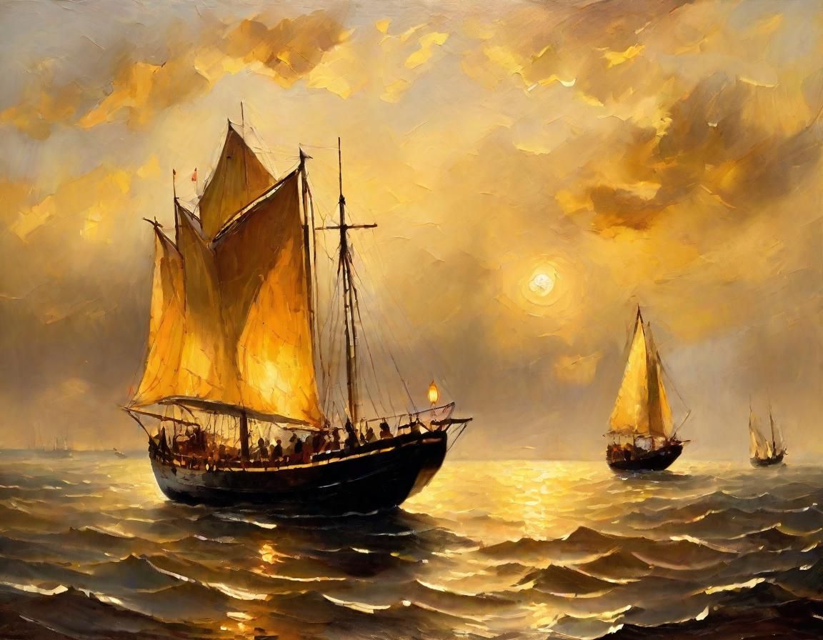 Cargo Ships on the Open Sea as Oil Painting