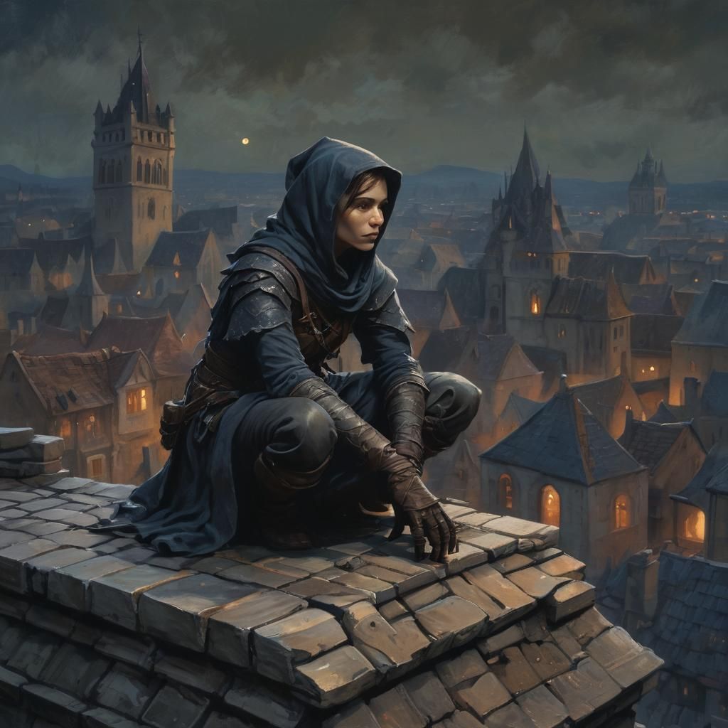 Medieval Thief on Rooftop as Gouache Painting