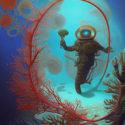 Antique Astronaut Discovering Fractal Plants, Digital Art