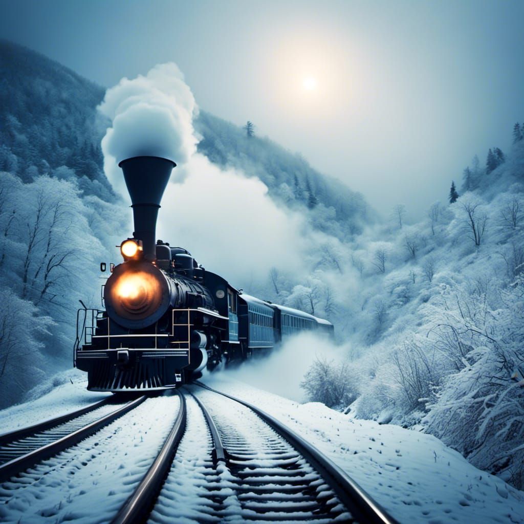 Snowy Steam Train in Misty Mountains: Digital Art
