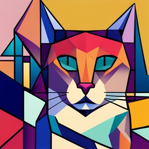 Geometric Cubist Cat with Limited Color Palette