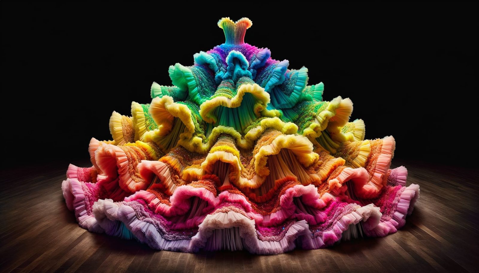 Extravagant Ruffled Gown in Neon Gradient Colors