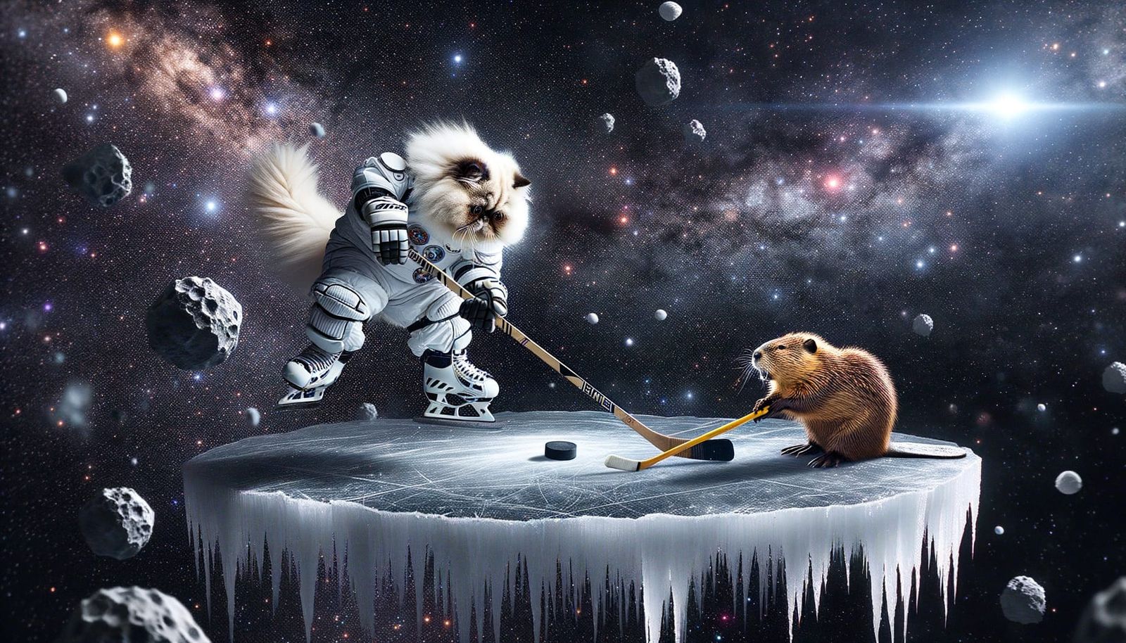 Cat and Beaver Play Hockey in Space