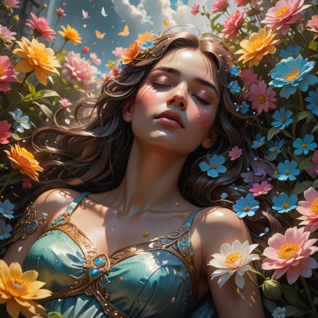 Surreal Character Rests Among Blooming Flowers