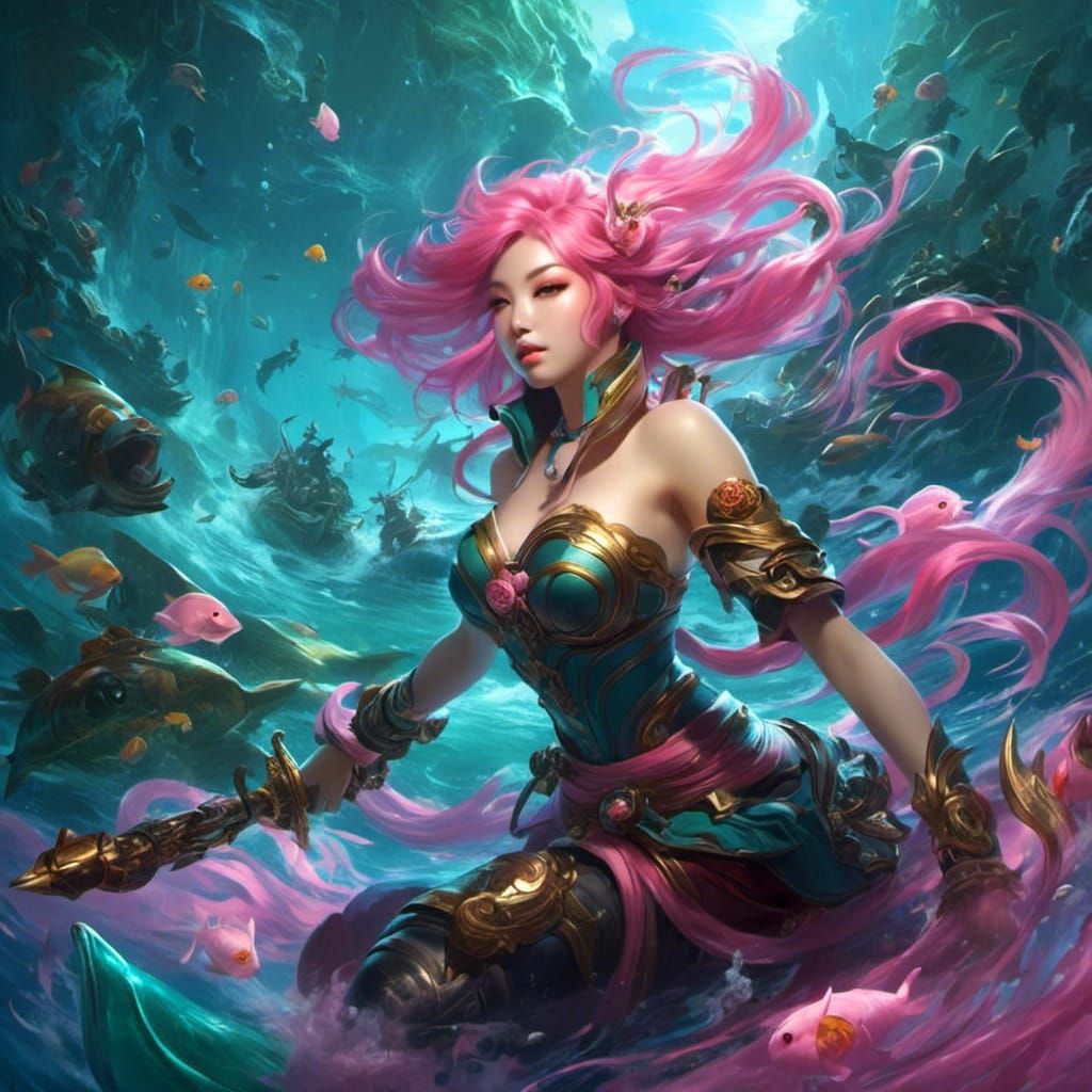 Pink-Haired Girl in Water Fantasy Art
