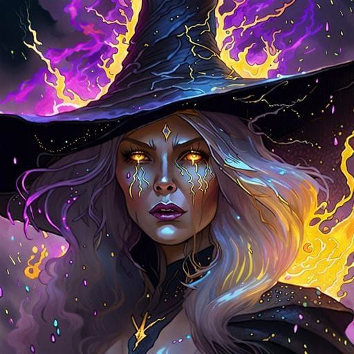 Gothic Witch Conjuring Lightning Magic in Watercolor