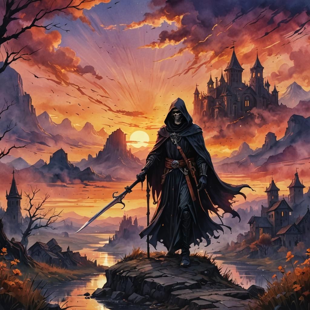 Grim Reaper in Watercolor Sunset