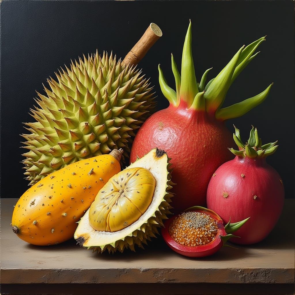 Vibrant Exotic Fruits in Hyperrealistic Still Life