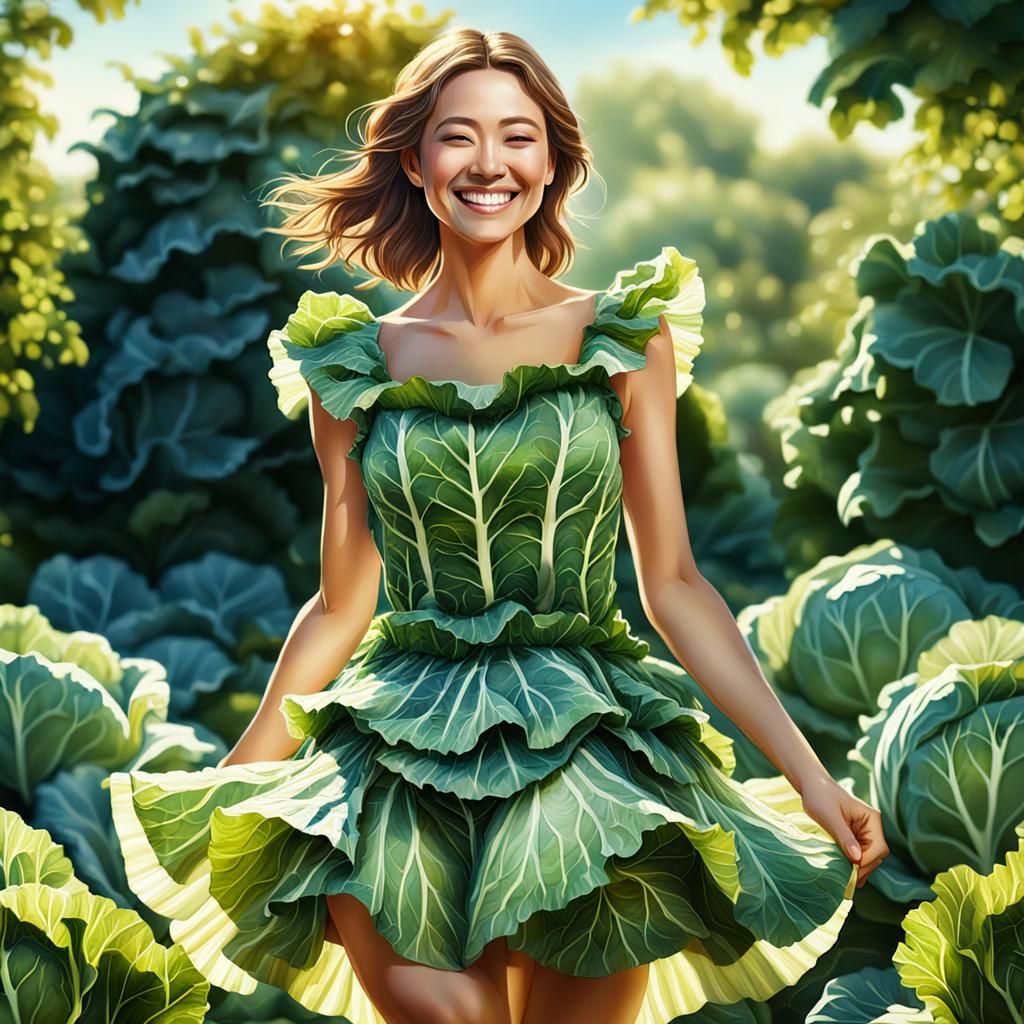 Woman in Cabbage Leaf Dress, Hyperrealistic Art