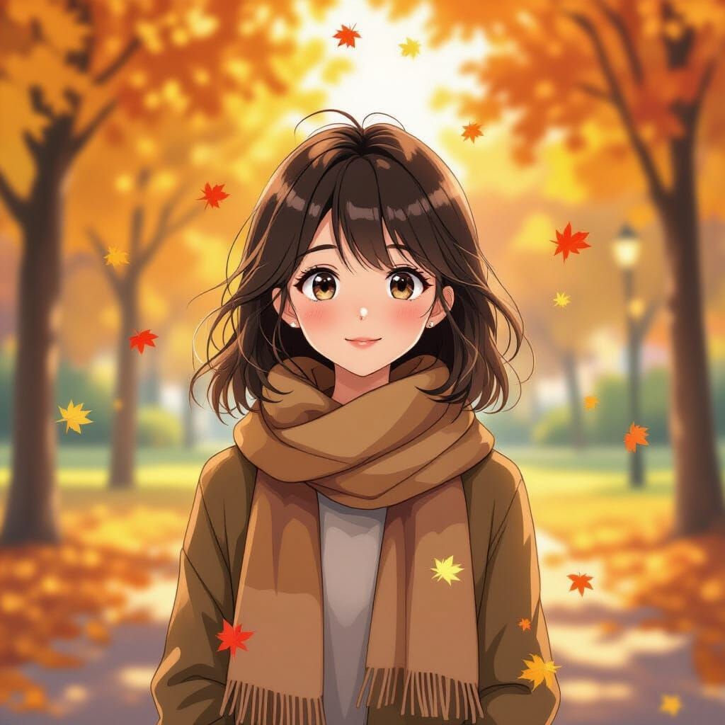 Anime Girl in Autumn Park, Miyazaki-Inspired