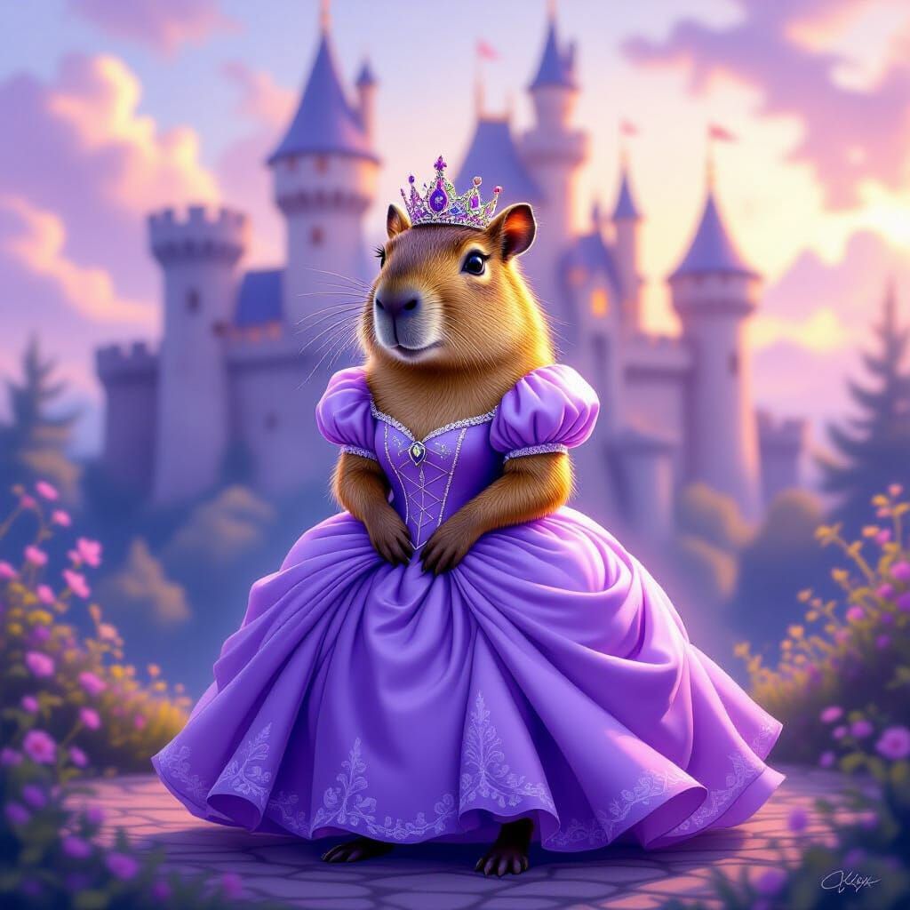 Capybara Princess in Purple Dress with Castle
