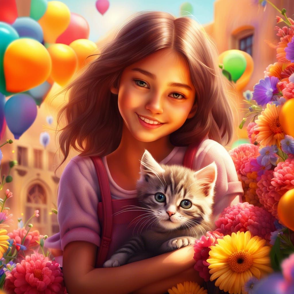 Girl and Kitten Celebrate Among Flowers: Fantasy Art