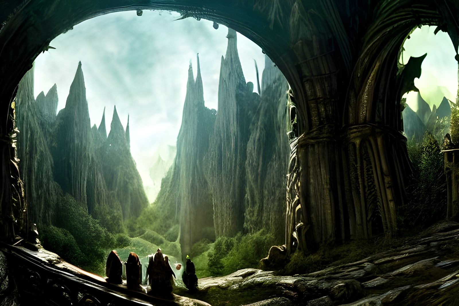 Adventurers in Alien Cathedral with Dragon Statue