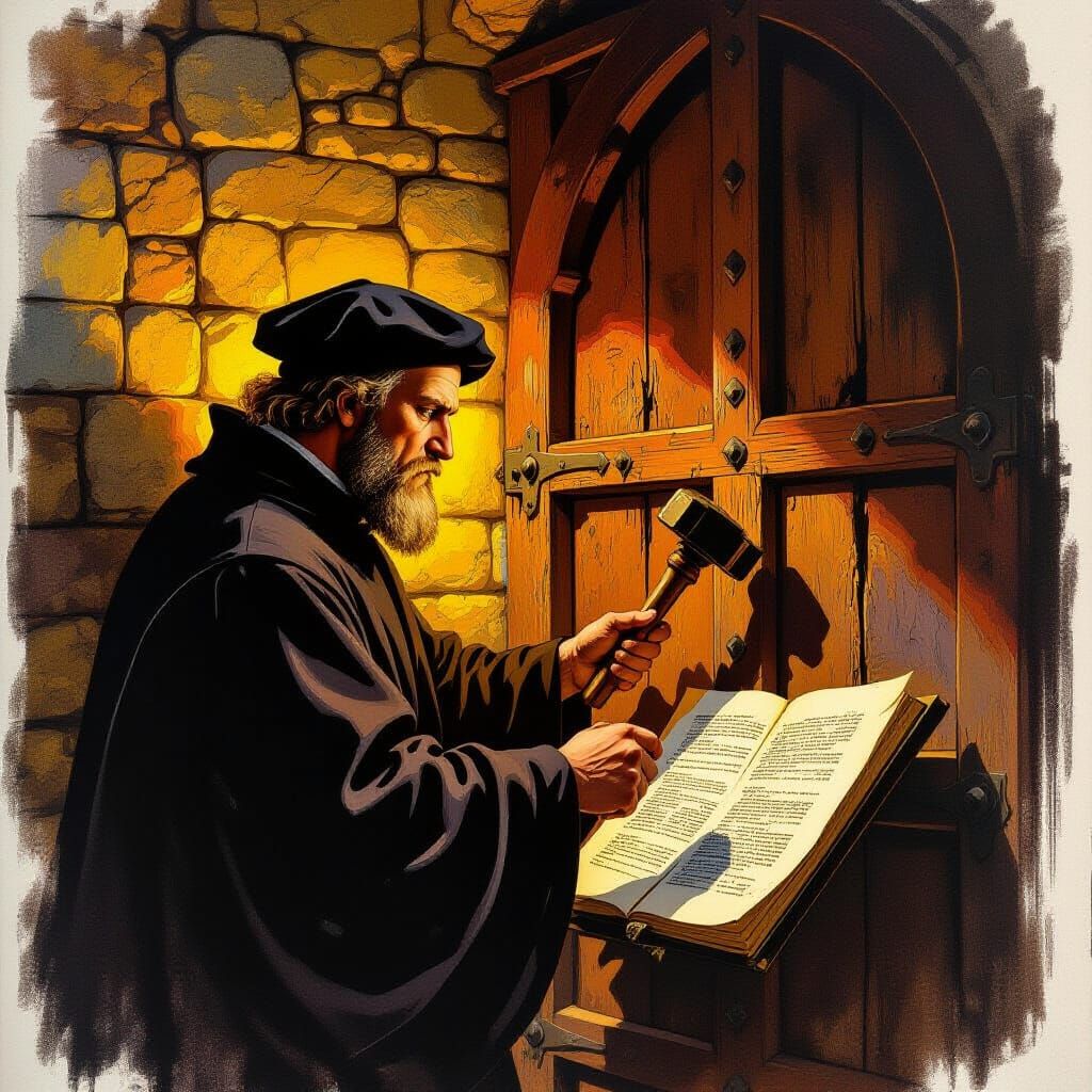 Martin Luther Nails Document to Church Door in Gouache Paint...