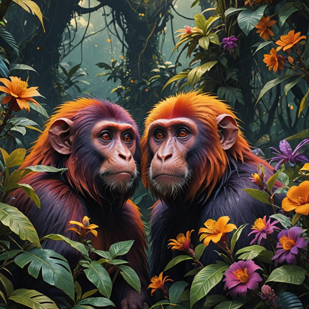 Uakari Monkeys in Lush Jungle, Fantasy Concept Art