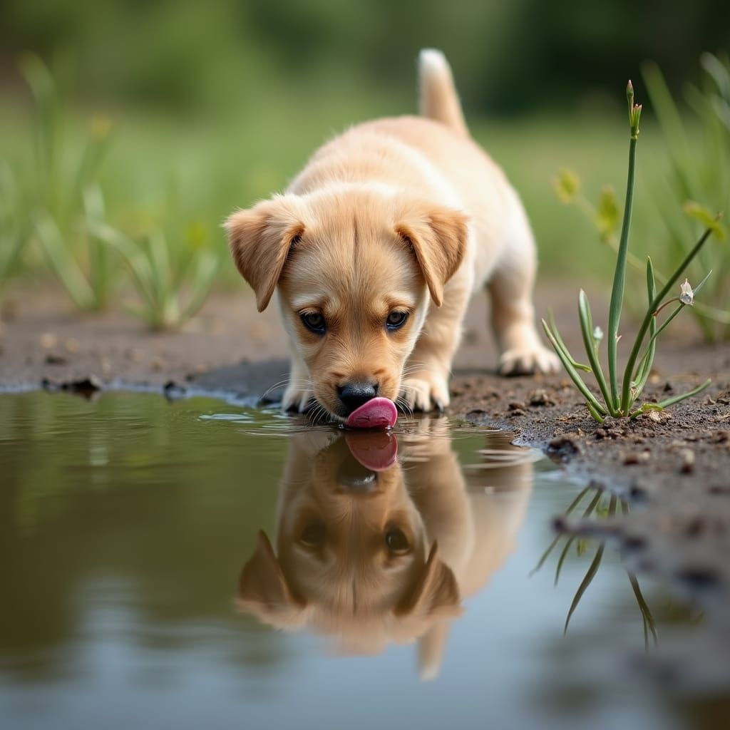 Puppy Drinking from Pond with Reflection