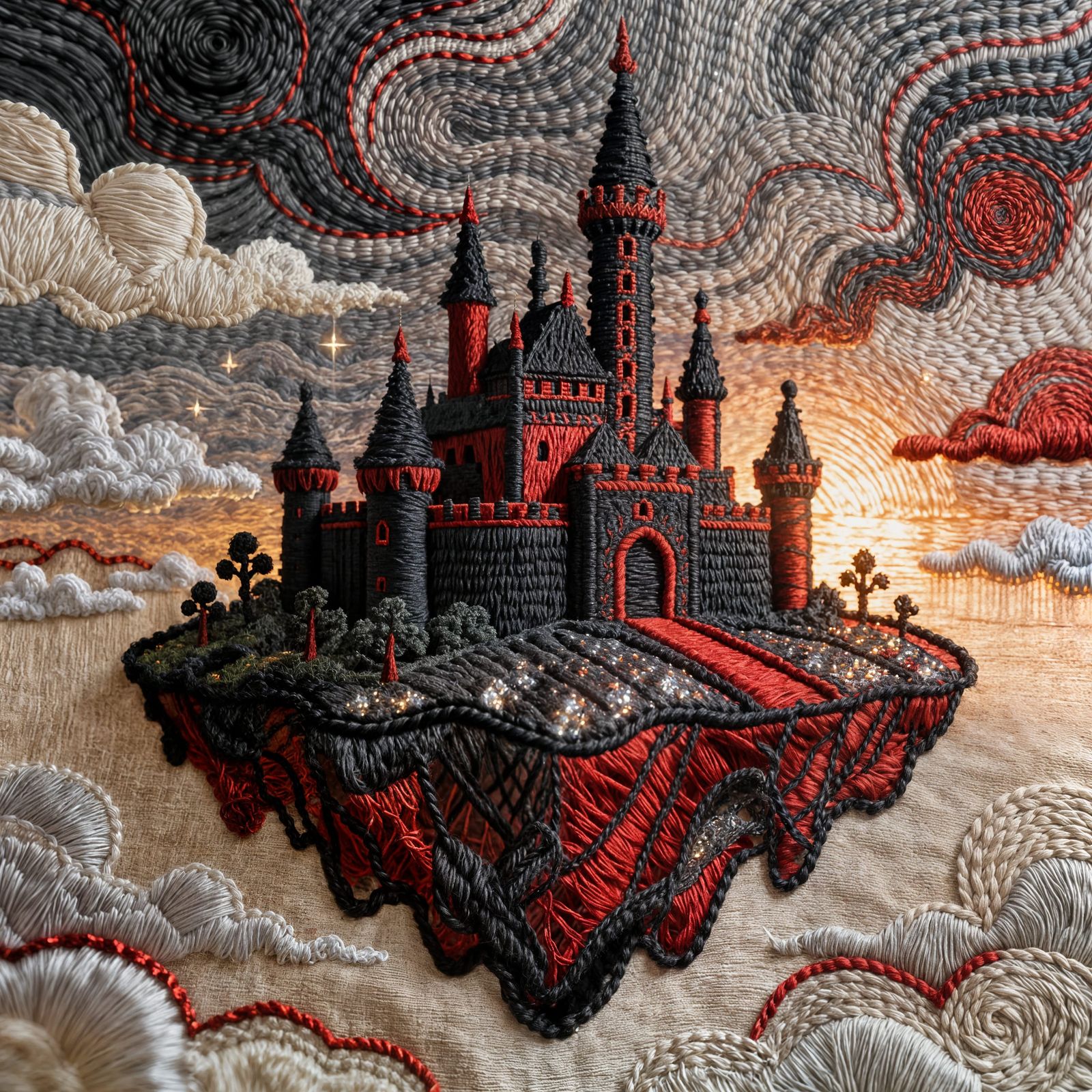 Fantasy Castle on Floating Island Woven from Fabric