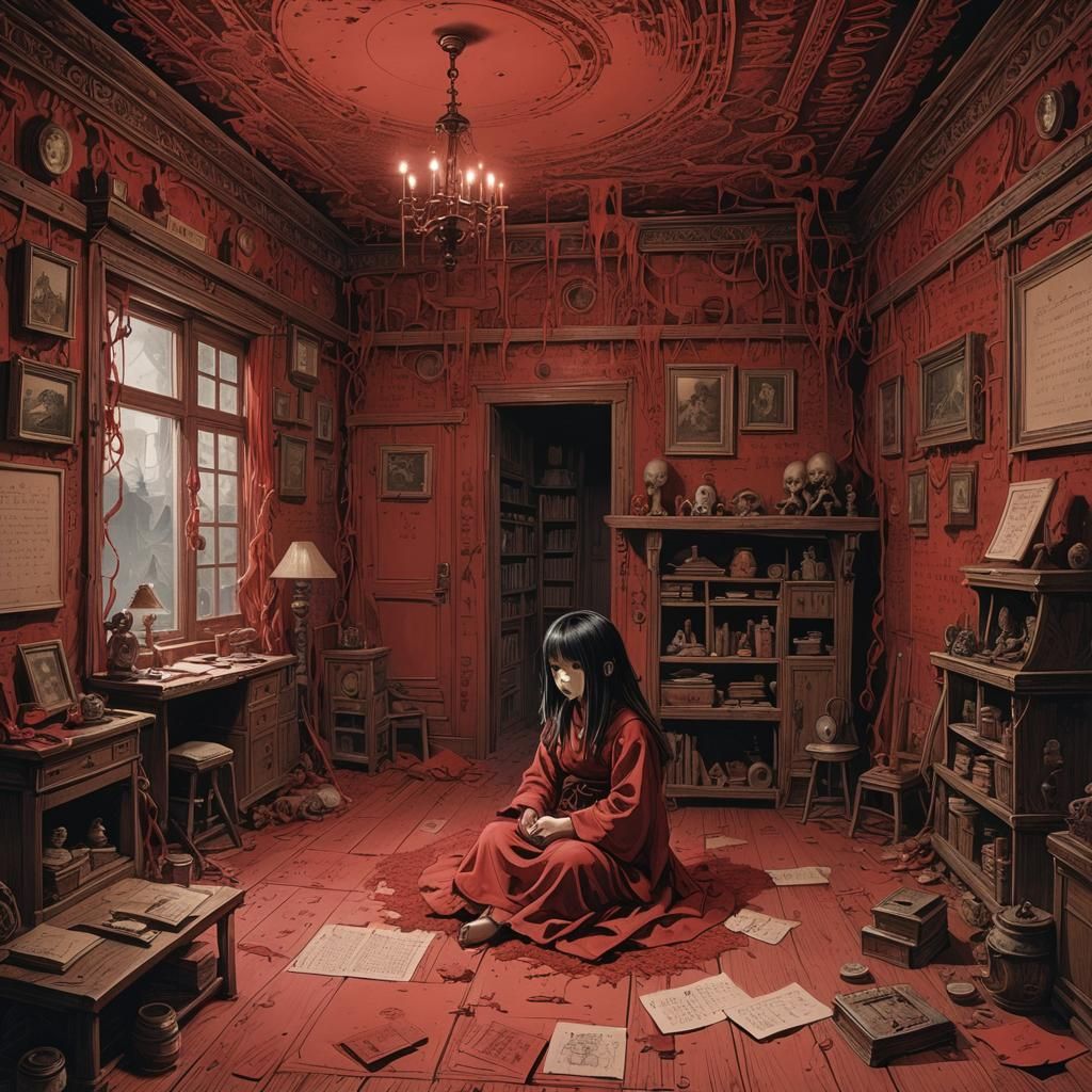 Eerie Japanese Girl in Room of Alien Math Equations