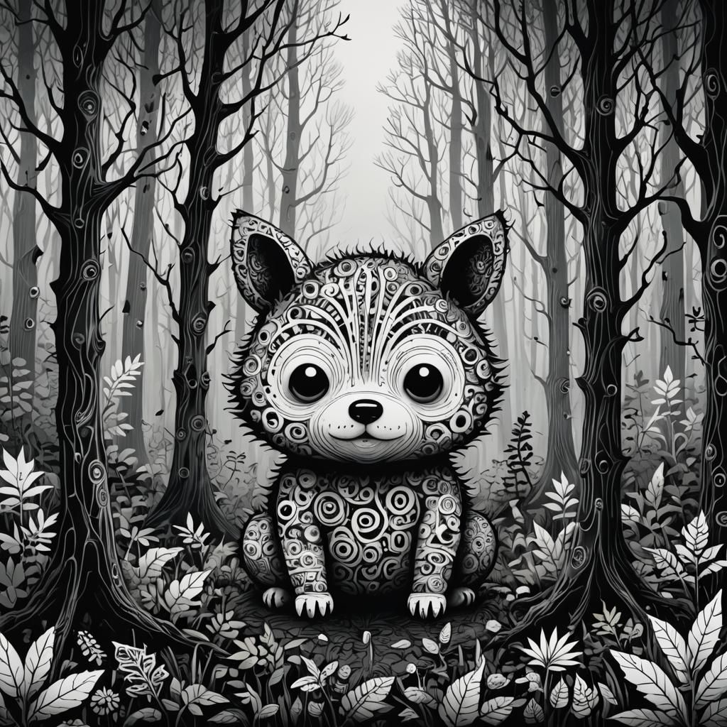 Cute Creature in Zentangle Forest with Ink Strokes
