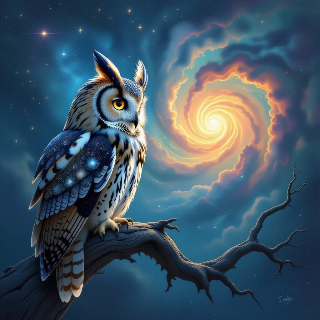 Majestic Owl Gazes into Cosmic Nebula in Ethereal Style