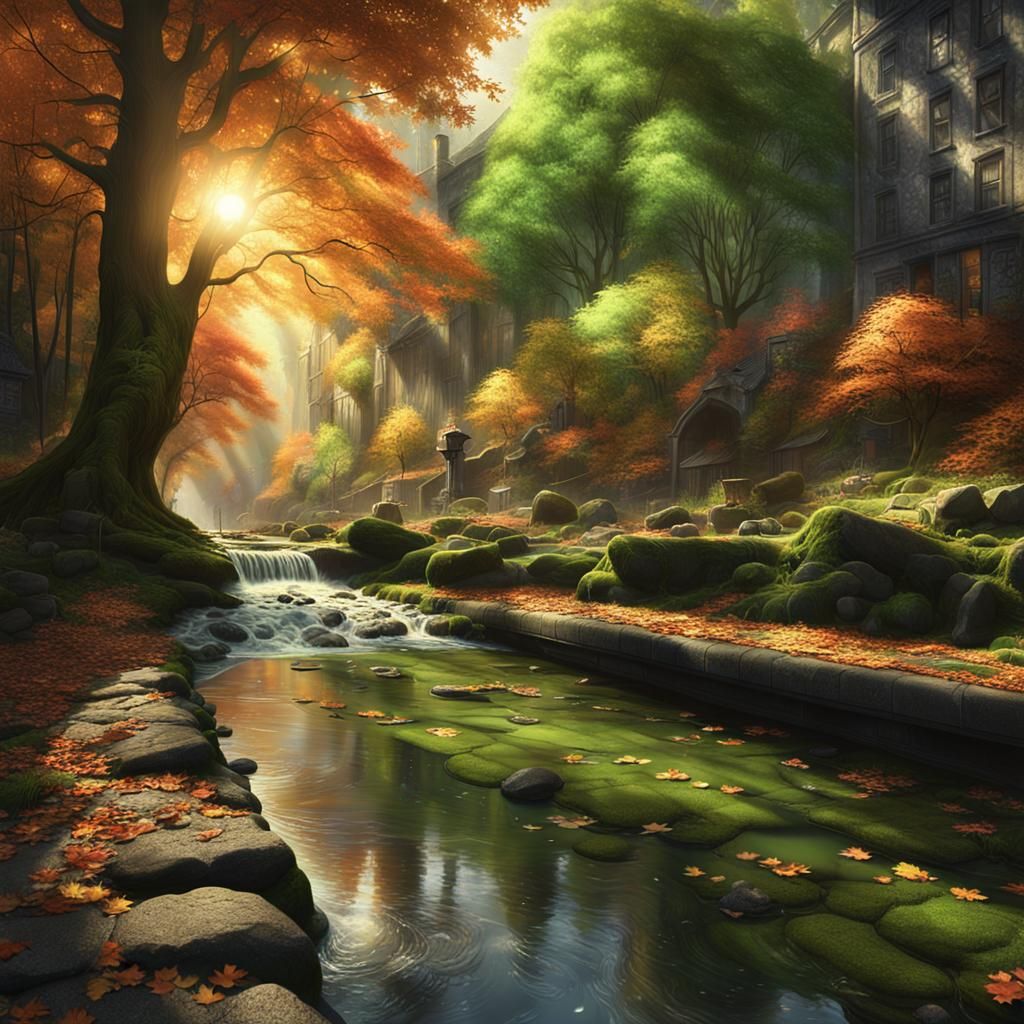 Charming 1940s Creek in Autumn Fantasy Landscape