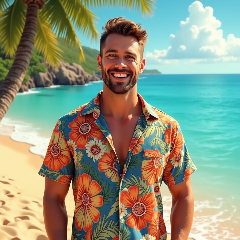 Smiling Man in Hawaiian Shirt on Tropical Beach