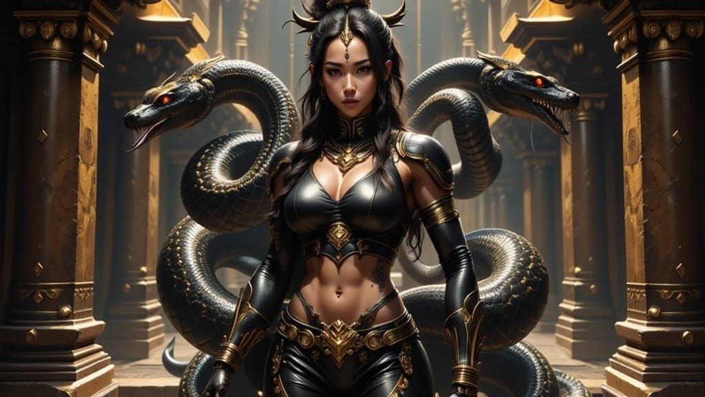 Japanese Snake Goddess in Ancient Temple, Photorealistic Sty...