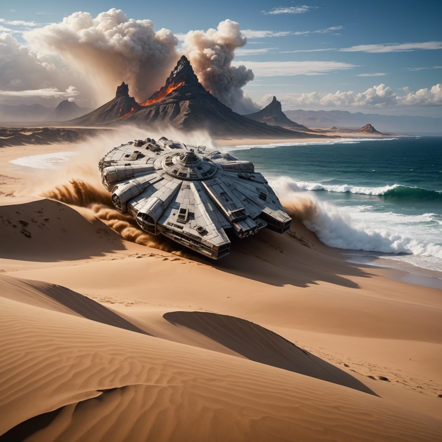 Millenium Falcon spacecraft surfing a giant wave, the background is sand dunes and erupting volcanoes