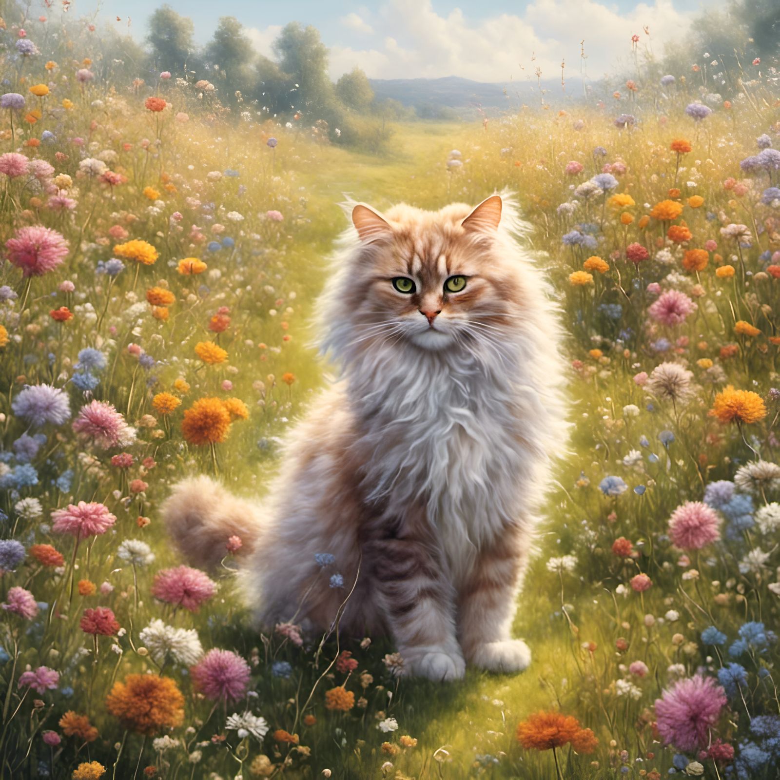 <lora:Gullyism:1.0> A beautiful fluffy cat walking in a meadow