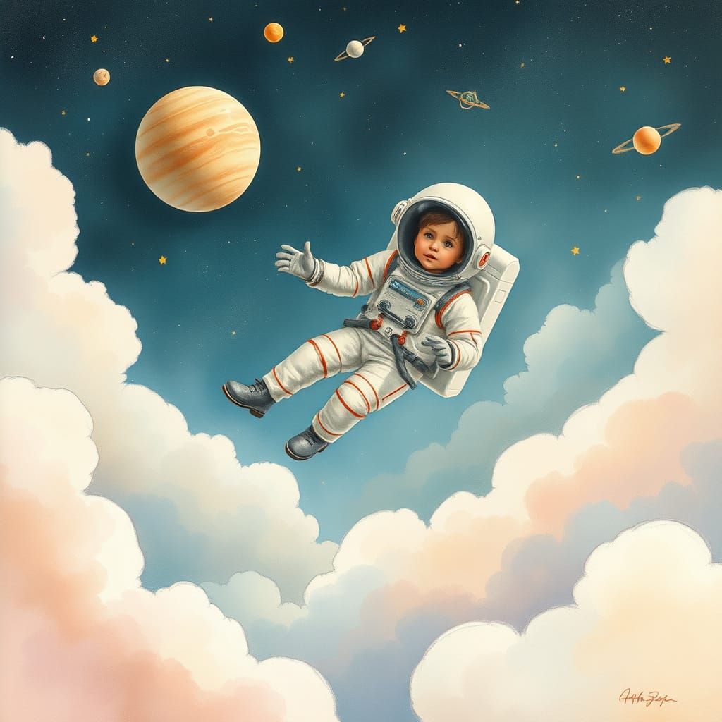 Floating Astronaut in a Whimsical Celestial Landscape