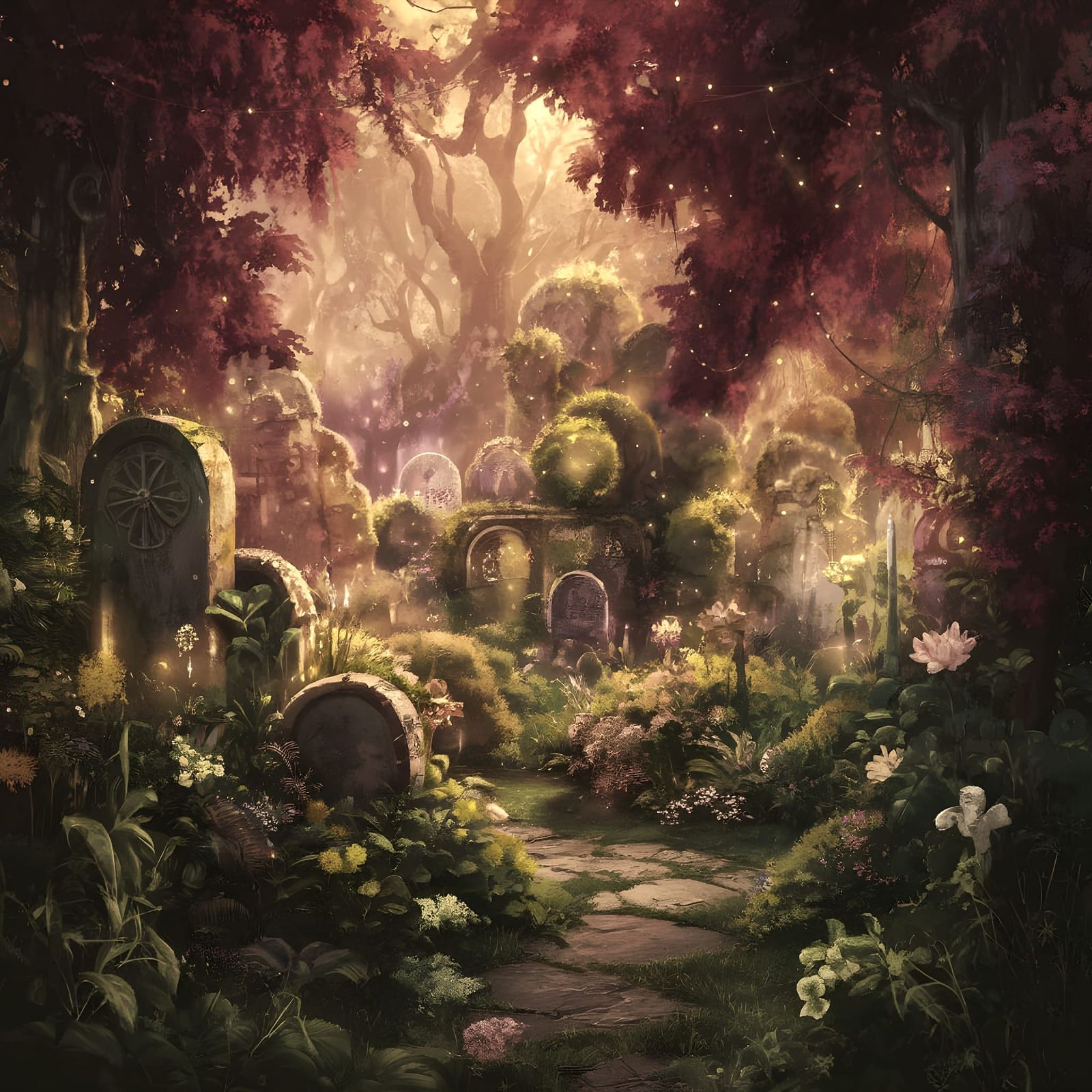 Fantastical Cemetery Landscape in Vibrant Hues