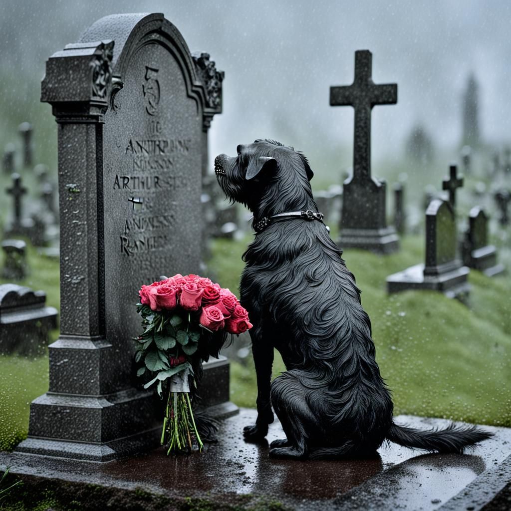 A dog sits looking at a gravestone in the rain, his back facing us, over the shoulder shot, rainy gloomy atmosphere, car...