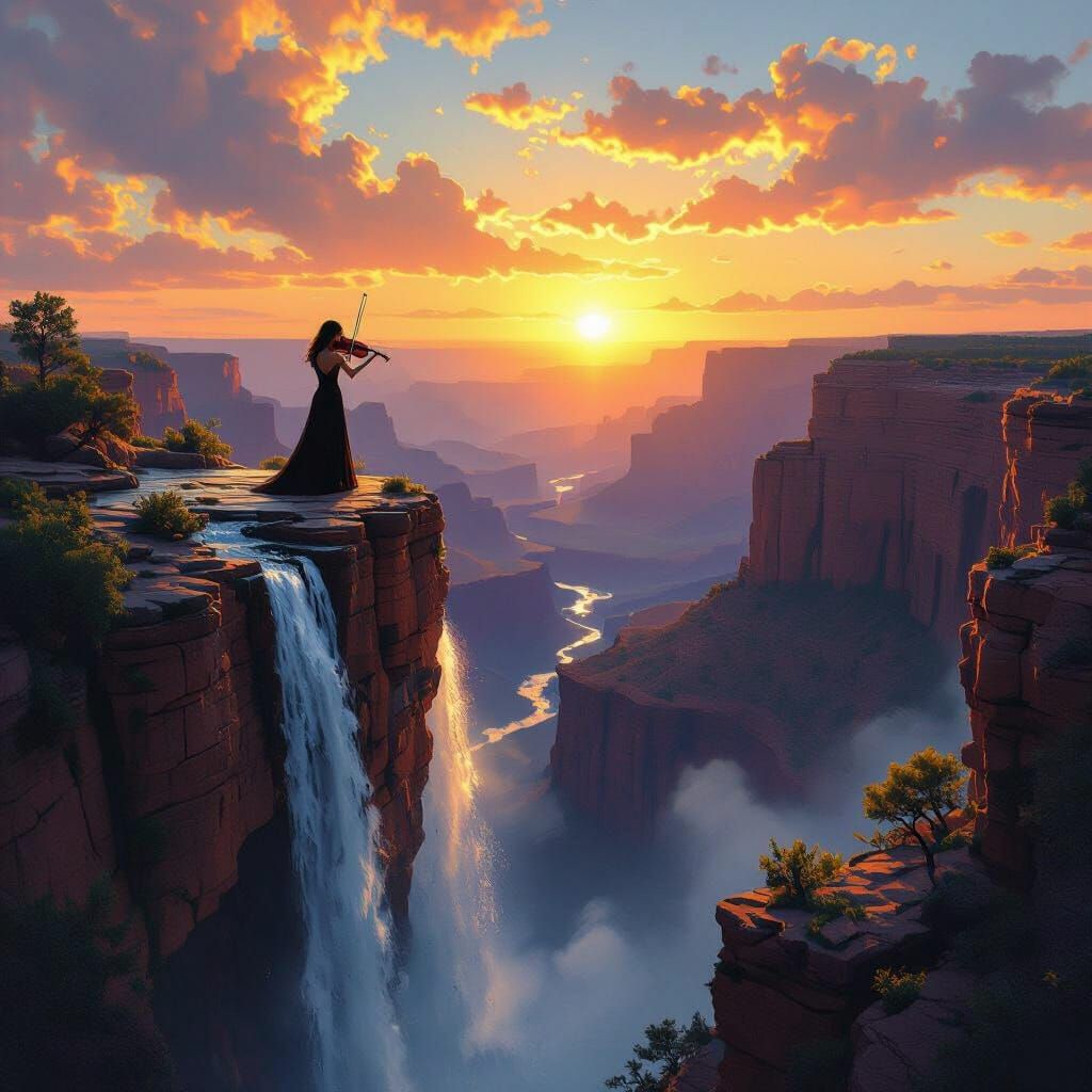 Violinist at Grand Canyon Waterfall: Chiaroscuro Concept Art